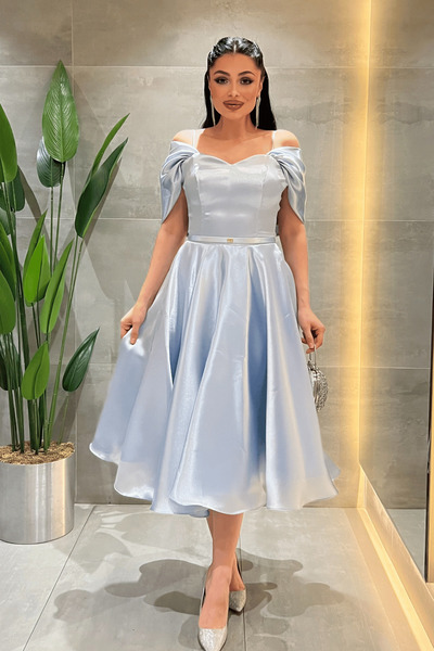 giyimmasalı Φόρεμα Μίντι από Ύφασμα Οργάντζα με Ανοιχτούς Ώμους - ΜΠΛΕ ΒΡΕΦΙΚΟ