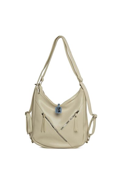 Bagmori Κρεμ γυναικείο σακίδιο πλάτης με διπλό φερμουάρ και λουράκια M000008734