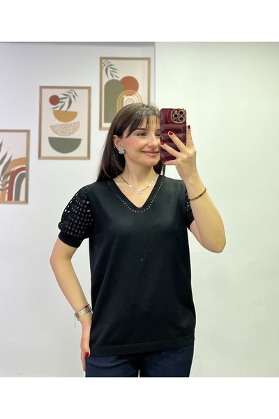 bydenizcollection V-Neck Knitted Sweater with Knitted Sleeves