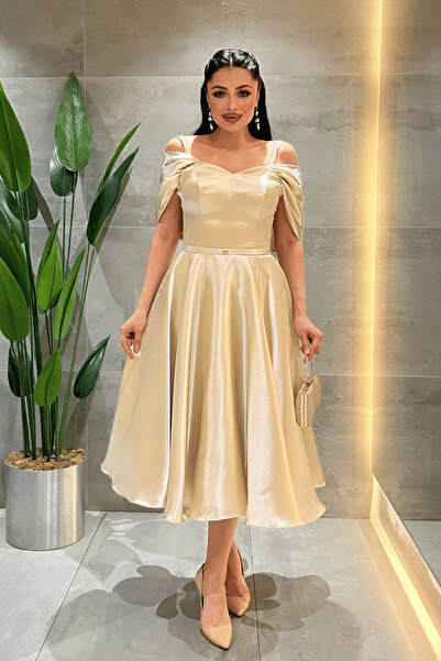 giyimmasalı Φόρεμα Μίντι από Ύφασμα Οργάντζα με Ανοιχτούς Ώμους - ΚΡΕΜ