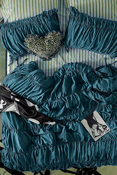 İQON Double Pleated Duvet Cover Set Petrol