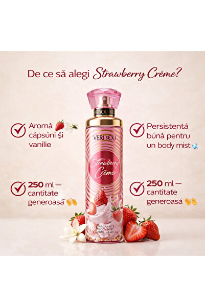 veri you Body Mist Strawberry Creme 250 ml – Aromă Dulce de Căpșuni & Vanilie...
