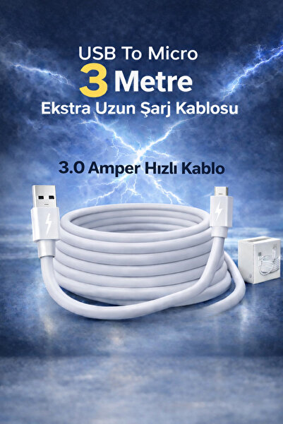 Beruflic Sam Sung İnfinix Lg 3 Metre Micro Mikro USB Uzun Boy Hızlı Şarj Kablosu