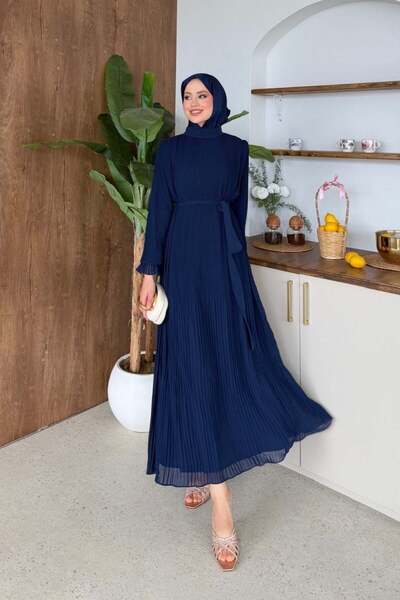 Şulemoda Giyim Κομψό Πλισέ Βραδινό Φόρεμα Ναυτικό Μπλε