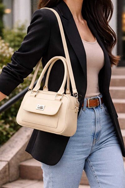 ELAN COLLECTİON Kadın Çanta Çapraz Askılı Mıknatıs Aparatlı Şık Casual Bej Çanta