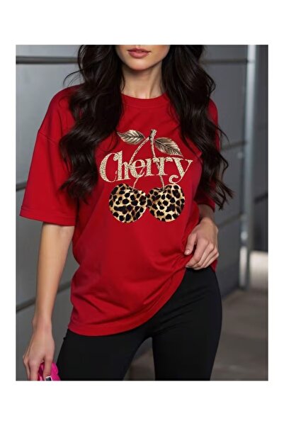 ZİYMO Γυναικείο Υπερμεγέθες Μπλουζάκι με Λεοπάρ Σχέδιο και Κεράσια