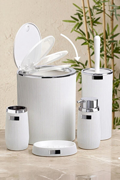 Kitchen Life White Chrome Edged Striped Round 5-Piece Bathroom Set