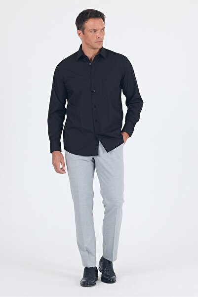 İmza Μαύρο μακρυμάνικο πουκάμισο με σκληρό γιακά, από απλό βαμβάκι, Comfort F...