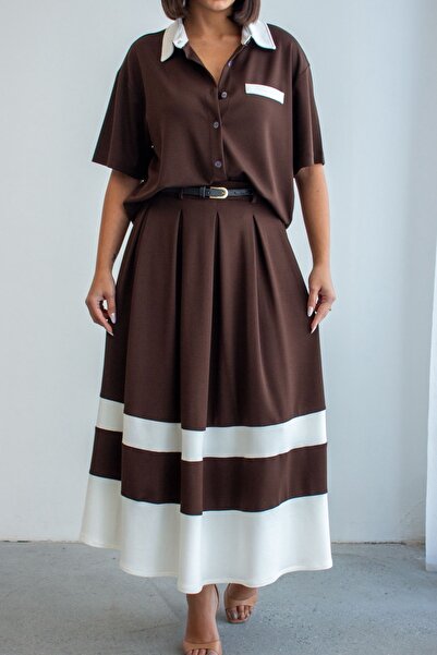 Ded COLLECTION Γυναικείο Σετ με Ριγέ Λεπτομέρεια, Κοντομάνικο Πουκάμισο και Π...