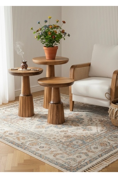 ASELYA HOME Ahşap Tasarım 3’lü Set Mantar Yan Sehpa Modern Fiskos Zigon Çiçeklik
