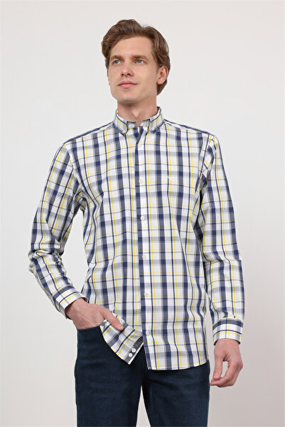 İmza Λευκό - Κίτρινο πουκάμισο με κουμπιά στο γιακά, μακρύ μανίκι, χωρίς τσέπ...