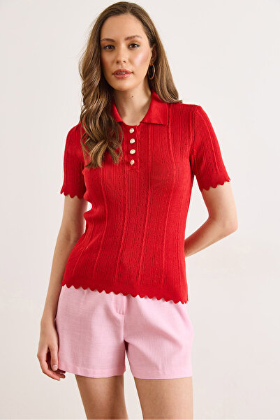 Olalook Women's Red Polo Collar Sleeve and Hem Wavy Cotton Knitwear Blouse Bl...