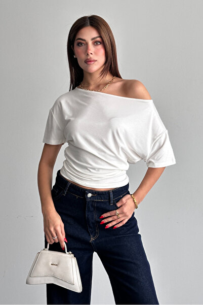 macharel jeans Bele Oturan Kayık Yaka Doğal Viskon Bluz