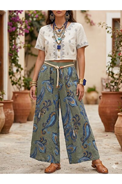 AYASOFYA OTANTIK Γυναικείο ιταλικό παντελόνι από 100% λινό με σχέδιο χακί, ελ...