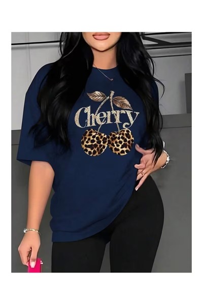 ZİYMO Γυναικείο Υπερμεγέθες Μπλουζάκι με Λεοπάρ Σχέδιο και Κεράσια