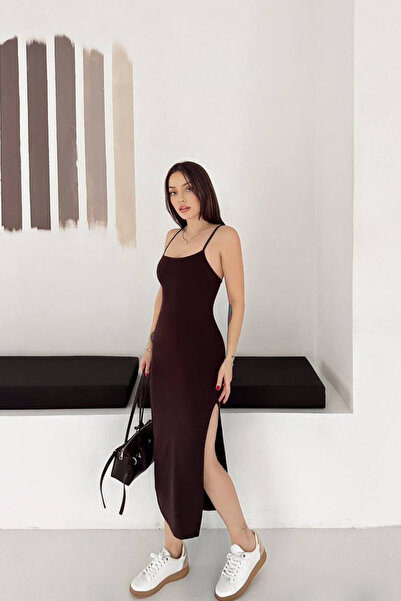 Tarz Cool Γυναικείο μακρύ φόρεμα με τιράντες, στενή εφαρμογή, με σκίσιμο