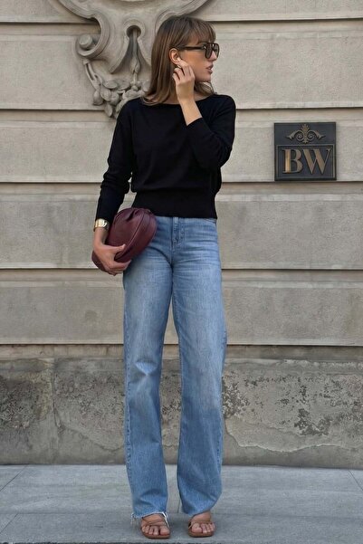 Madmext Μαύρη Μοντέρνα Πλεκτή Μπλούζα με Λαιμόκοψη Καγιάκ MG2804