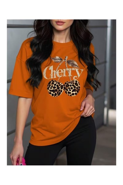ZİYMO Γυναικείο Υπερμεγέθες Μπλουζάκι με Λεοπάρ Σχέδιο και Κεράσια