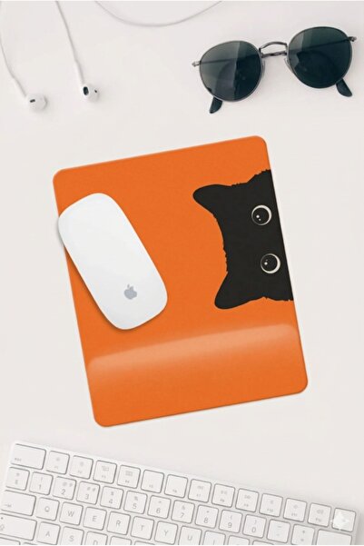 HobiShop Turuncu Kedi Çizimli Bilek Destekli Dikdörtgen Mouse Pad Mouse Altlığı.