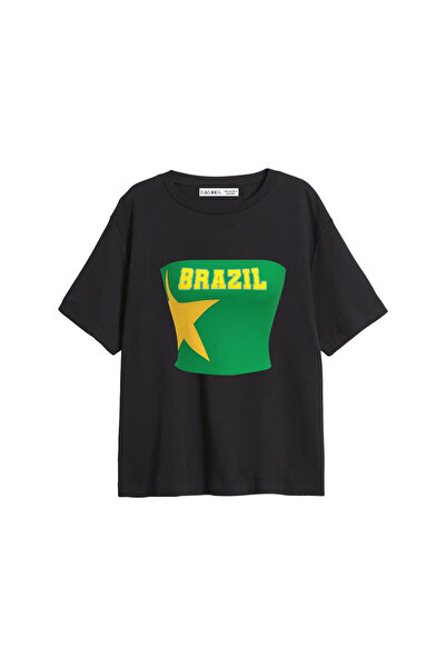 CİNEMA MODA Γυναικείο μπλουζάκι Brasil Star με στάμπα, σε άνετη γραμμή, μαύρο