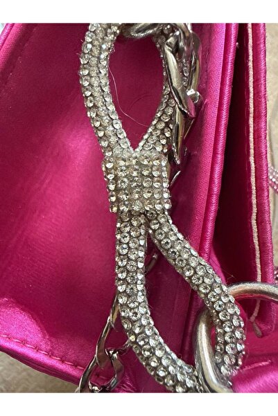 Yeşilmoda Women's Fuchsia Evening Dress Bag Bow Stone Detailed Satin Look Sty...