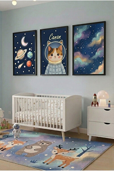 varje 3’lü Kişiye Özel Uzay Temalı Çocuk Odası Tablo Seti, Kedi Astronot & Gezegen Duvar Dekoru