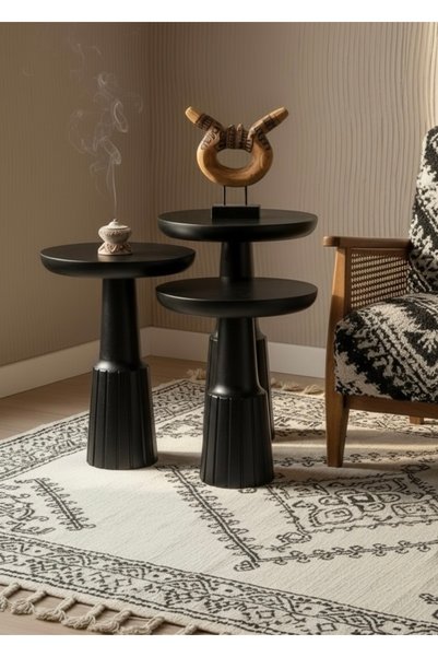 ASELYA HOME Doğal Ahşap 3’lü Set Siyah Mantar Yan Sehpa Modern Fiskos Zigon Ç...