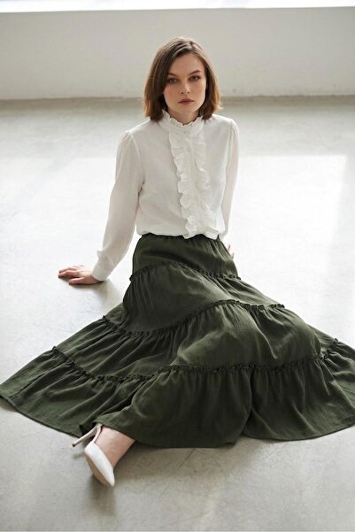 Rora Χακί μάξι φούστα με λεπτομέρεια βολάν / Καλοκαιρινή φούστα με ψηλή μέση,...