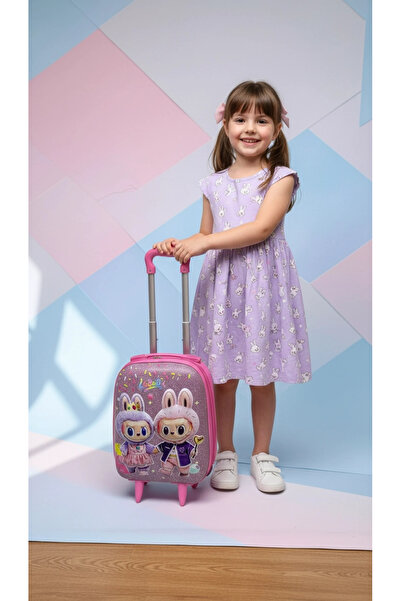 Nishev.com Evini Sev Karakterli Kız Çocuk Pembe Kabin Boy Çekçekli Valiz