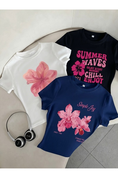 NİCE Γυναικείο κοντομάνικο μπλουζάκι 3-pack για το καλοκαίρι με τύπωμα - ελασ...