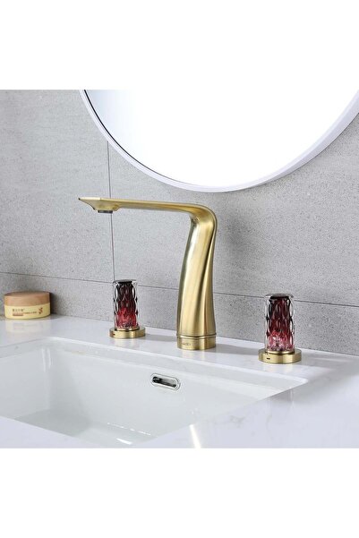 MaseMode Treasure 3 Delikli Kristal Başlıklı Lavabo Bataryası Brushed Gold