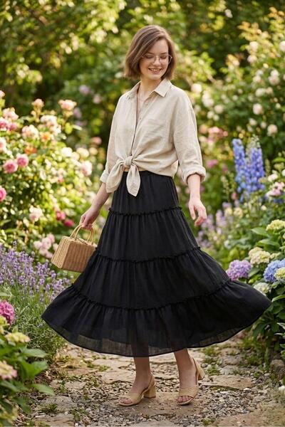 Rora Μαύρη μάξι φούστα με διακοσμητικά στρώματα και λεπτομέρεια βολάν / Καλοκ...