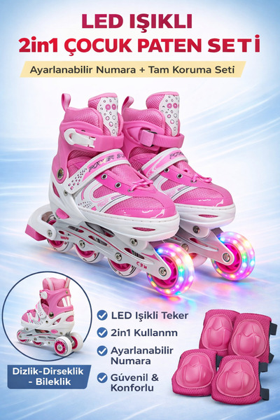 YILDIRIM OYUNCAK LED Işıklı 2in1 Ayarlanabilir Çocuk Pateni + Tam Koruma Seti...