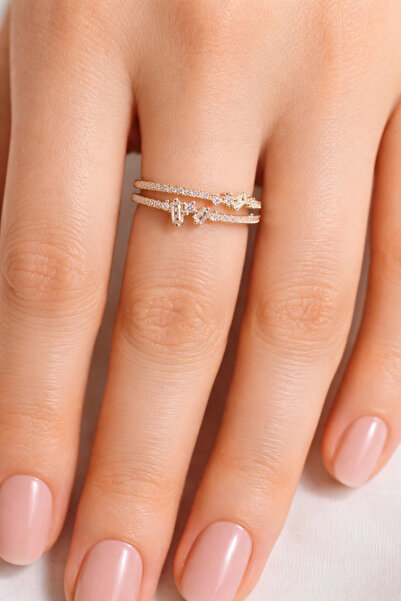 Arthesia Jewelry خاتم مزدوج الصفوف بتفاصيل حجرية صغيرة قابلة للتعديل - خاتم ن...