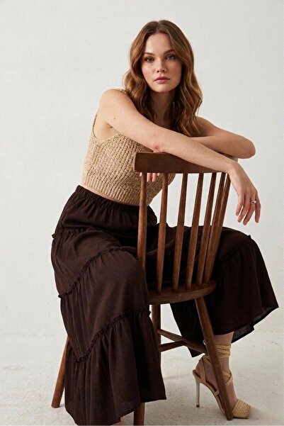 Rora Καφέ φούστα μάξι με λεπτομέρεια βολάν / Καλοκαιρινή φούστα με ψηλή μέση,...
