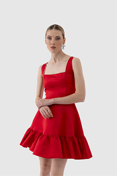 Mialora Square Neck Sleeveless Above Knee Skirt Ruffle Matte Satin Women's Dress