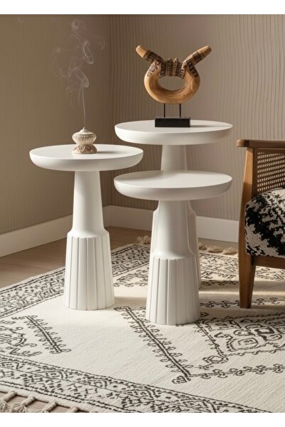 ASELYA HOME Doğal Ahşap 3’lü Set Beyaz Mantar Yan Sehpa Modern Fiskos Zigon Ç...