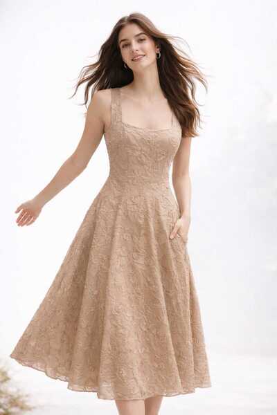 EGZOTİK ASORTİK Φόρεμα δαντέλας με τετράγωνο λαιμόκοψη και μήκος μέχρι το γόνατο