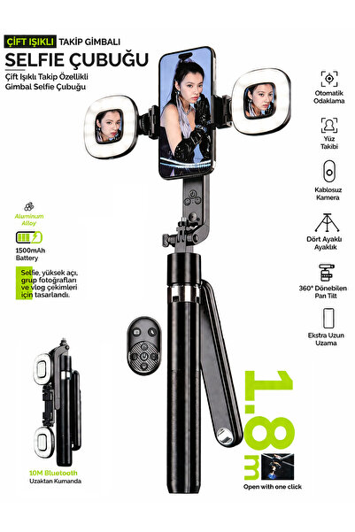 EXENAR Yüz Takip Özellikli Gimbal Tripod Şarjlı Çift Led Işık Ayna Kumanda Uz...