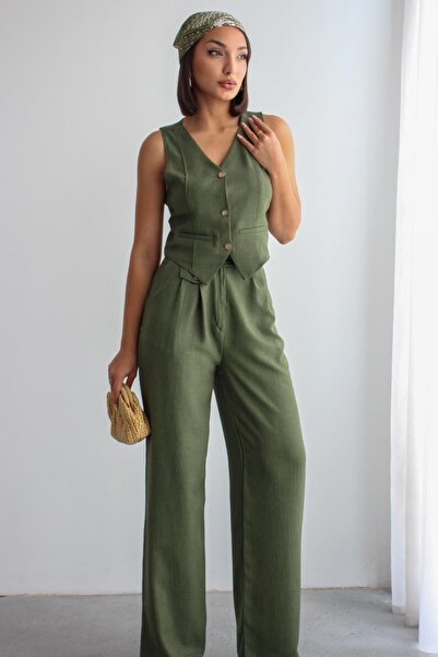 Ded COLLECTION Γυναικείο σετ με λινό γιλέκο με υφή και ψηλόμεσο φαρδύ παντελόνι