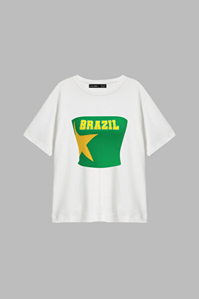 CİNEMA MODA Γυναικείο μπλουζάκι Brasil Star με στάμπα, σε άνετη γραμμή, λευκό