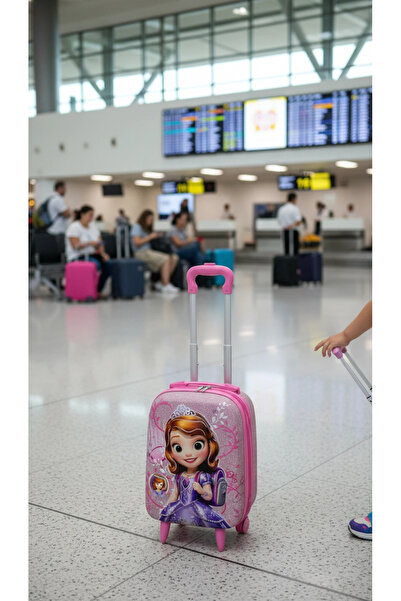 Nishev.com Evini Sev Karakterli Kız Çocuk Pembe Kabin Boy Çekçekli Valiz