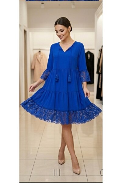 MONAMORE Γυναικείο φόρεμα από βισκόζη με δαντέλα και λεπτομέρειες