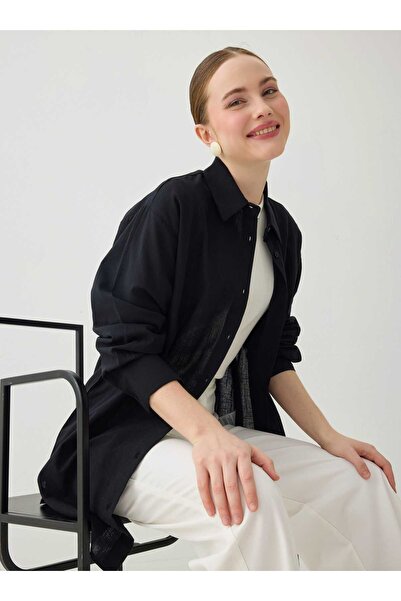 Benin Βασικό πουκάμισο με ζώνη από 100% βαμβάκι - Μαύρο -