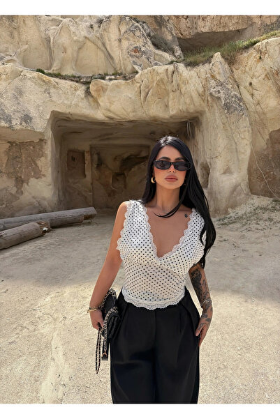 kırmızı butiks Λευκό Μπραλέτ με Πουά και Δαντέλα