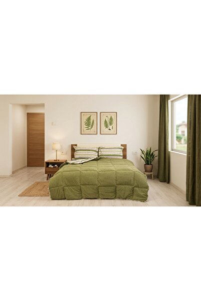 Lissomea Home Sherpa Haki Çift Kişilik Lastikli Çarşaflı Comforter Uyku Seti
