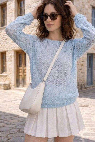 Butik Una Fiaba, Blue Color Regular Fit Boat Neck Openwork Sweater