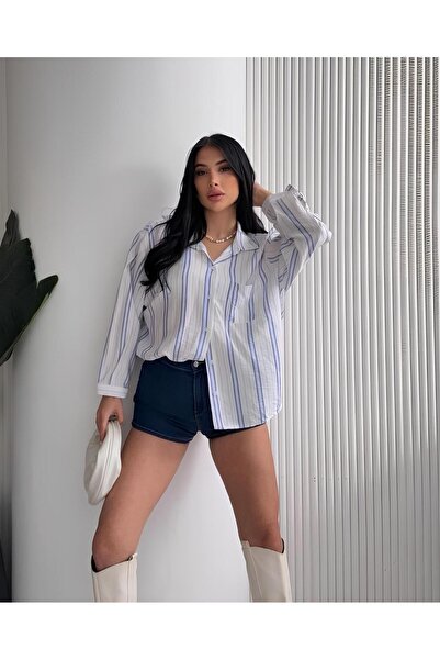 moda paketi Ριγέ oversized Γυναικείο Πουκάμισο – Μπλε και Λευκό Φαρδύ Καλοκαι...