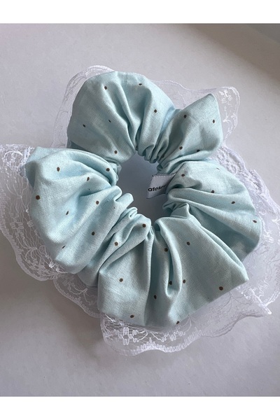 OIA Atelier Cotton Blue Polka Dot Pcs White Lace Scrunchie Buckle Rubber Bage...