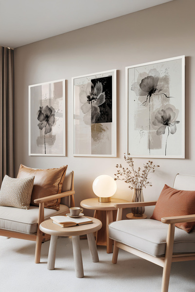 Zestia Λευκό Πλαισιωμένο Σετ 3 Πινάκων, Ασπρόμαυρο Φλοράλ – Σετ Λουλουδιών Mi...